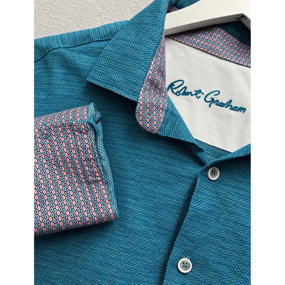 Robert Graham Mens Teal Blue Textured Long Sleeve Button Down Classic Fit Large